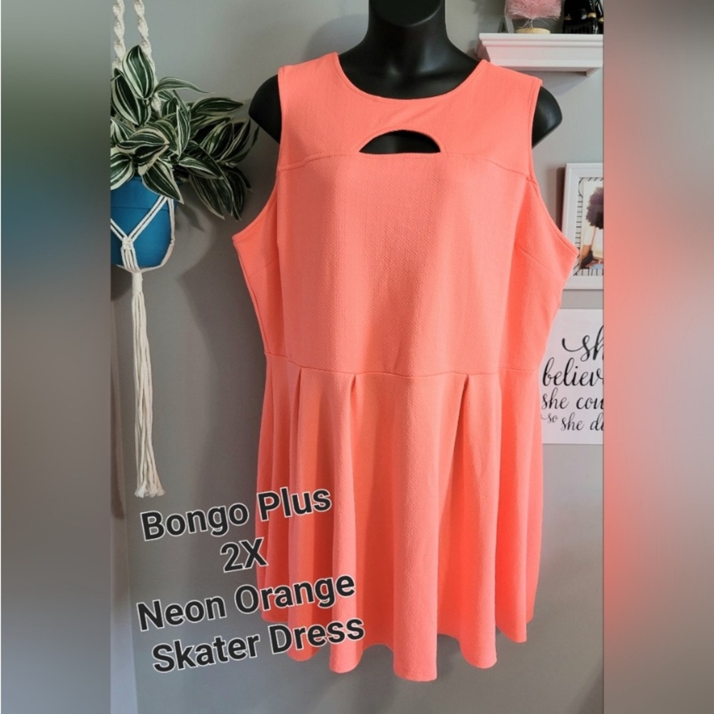 Bongo Plus 2X Neon Orange Skater Dress